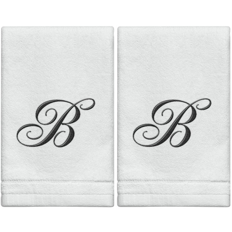 Creative Scents Monogrammed Towels Fingertip  Personalized Gift  11 x 18 Inches - Set of 2- Black Embroidered Towel - Extra Absorbent 100% Cotton- Soft Velour Finish - For Bathroom/ Kitchen/ Spa- Initial B (White) - Image 1